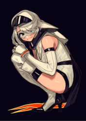 Rule 34 | 1girl, bare shoulders, black background, black thighhighs, blush, boots, bukimi isan, elbow gloves, from side, full body, gloves, goggles, goggles on head, grey hair, hair over one eye, hands on own knees, high heel boots, high heels, highres, leotard, looking at viewer, shiny skin, short hair, shy (character), shy (series), simple background, solo, squatting, tearing up, thighhighs, white gloves, white leotard