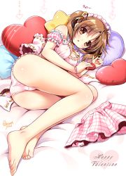Rule 34 | 10s, 1girl, :o, bare shoulders, barefoot, bed, blush, bow, breasts, brown eyes, brown hair, cleavage, hair ornament, heart, heart-shaped pillow, highres, idolmaster, idolmaster cinderella girls, large bow, large breasts, long hair, looking at viewer, lying, maid headdress, name tag, open mouth, ozawa yuu, panties, pantyshot, pillow, pink panties, plaid, plaid skirt, ribbon, skirt, unworn skirt, solo, star-shaped pillow, totoki airi, twintails, underwear