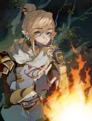 Rule 34 | 1boy, adjusting scarf, armor, black gloves, blue eyes, campfire, ciino00o, earrings, fingerless gloves, gloves, grey scarf, hair between eyes, hair ornament, hair stick, highres, jewelry, link, looking at viewer, male focus, nintendo, outdoors, pointy ears, scarf, shoulder armor, sidelocks, single hair ring, solo, the legend of zelda, the legend of zelda: breath of the wild, tree, upper body