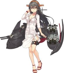Rule 34 | 10s, 1girl, black hair, breasts, brown eyes, camouflage, cleavage, collarbone, feet, footwear bow, full body, hair between eyes, hair ornament, hairband, hairclip, haruna (kancolle), headgear, high heels, hood, hooded jacket, jacket, kantai collection, konishi (koconatu), large breasts, long hair, long sleeves, looking at viewer, machinery, official art, sandals, shoes, solo, standing, swimsuit, swimsuit under clothes, toeless footwear, toes, transparent background, turret, zipper