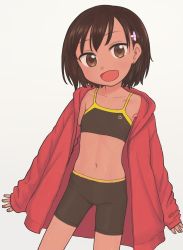 Rule 34 | 1girl, :d, bike shorts, brown eyes, brown hair, child, dark-skinned female, dark skin, earrings, female focus, flat chest, hair ornament, jewelry, looking at viewer, midriff, navel, nitera1041, open mouth, original, oversized clothes, short hair, sleeves past wrists, smile, solo, sports bra, white background