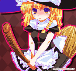 Rule 34 | 1girl, :o, apron, black dress, blonde hair, blue eyes, braid, broom, broom riding, dress, female focus, hat, kirisame marisa, looking at viewer, omuni, parted lips, puffy short sleeves, puffy sleeves, purple eyes, shaded face, short hair, short sleeves, single braid, sitting, solo, straddling, touhou, upright straddle, waist apron, wavy hair, witch hat