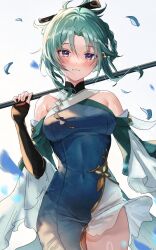 Rule 34 | 1girl, aqua hair, bad id, bad twitter id, bare shoulders, blue dress, breasts, commentary request, covered navel, cowboy shot, dress, genshin impact, grey background, grin, hair ornament, hair stick, highres, holding, hominamia, long sleeves, looking at viewer, madame ping (genshin impact), medium breasts, purple eyes, simple background, smile, solo, standing