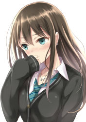 Rule 34 | 10s, 1girl, bad id, bad pixiv id, black hair, blush, brown hair, collared shirt, earrings, embarrassed, green eyes, hand to own mouth, harimoji, highres, idolmaster, idolmaster cinderella girls, jewelry, long hair, looking away, necklace, necktie, shibuya rin, shirt, simple background, sleeves past wrists, solo, upper body