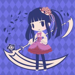Rule 34 | 1girl, argyle, argyle background, argyle clothes, black legwear, blue background, blue eyes, blue hair, blunt bangs, bow, bowtie, chibi, closed mouth, cobalta, flower, full body, furudo erika, hair flower, hair ornament, holding, holding scythe, lolita fashion, long hair, long sleeves, looking at viewer, pink bow, pink bowtie, red flower, scythe, sidelocks, smile, solid oval eyes, solo, standing, twintails, umineko no naku koro ni, white footwear, wide sleeves