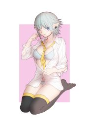 Rule 34 | 1girl, 3;, alternate costume, black thighhighs, blue eyes, bow, bow panties, bra, breasts, buttons, collarbone, collared shirt, colored eyelashes, dress shirt, earrings, elezen, elf, eyes visible through hair, final fantasy, final fantasy xiv, fuka (kirrier), full body, genderswap, genderswap (mtf), hand up, haurchefant de fortemps, haurchefant greystone, jewelry, looking at viewer, loose necktie, loose neckwear, medium breasts, necktie, one eye closed, panties, partially unbuttoned, pointy ears, shirt, short hair, silver bra, silver hair, silver panties, sitting, solo, tears, thighhighs, thighs, unbuttoned sleeves, underwear, wariza, white shirt, yellow necktie