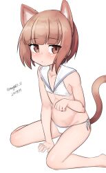 Rule 34 | 1girl, absurdres, animal ears, bikini, brown eyes, brown hair, cat ears, cat tail, collarbone, dated, flat chest, highres, kantai collection, looking at viewer, lowleg, lowleg bikini, maru (marg0613), one-hour drawing challenge, paw pose, sailor bikini, sailor collar, short hair, side-tie bikini bottom, simple background, sitting, solo, swimsuit, tail, twitter username, wariza, white background, white bikini, white sailor collar, z3 max schultz (kancolle), z3 max schultz (swimsuit mode) (kancolle)