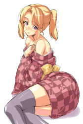 Rule 34 | 1girl, blonde hair, japanese clothes, off shoulder, ponytail, purple eyes, short hair, solo, takeda hiromitsu, thighhighs
