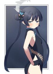 Rule 34 | bad id, bad twitter id, black hair, blue archive, blush, border, breasts, butterfly hair ornament, china dress, chinese clothes, dress, from side, hair bun, hair ornament, halo, hand on own hip, highres, hizikata398, kisaki (blue archive), small breasts, twintails