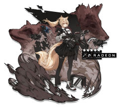 Rule 34 | 1girl, absurdres, amd, animal ears, arknights, black gloves, black necktie, black pantyhose, black skirt, blonde hair, chinese robot kid, fox ears, fox tail, gloves, gun, hair between eyes, hand on weapon, highres, holding, holding weapon, long hair, looking at viewer, necktie, pantyhose, ponytail, rifle, shirt, shoes, skirt, smoke grenade, sneakers, solo, tail, weapon, white shirt, yellow eyes