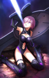 Rule 34 | 1girl, absurdres, armpits, black gloves, black leotard, black thighhighs, breasts, cleavage, cleavage cutout, clothing cutout, elbow gloves, fate/grand order, fate (series), full body, gloves, hair over one eye, highres, holding, holding shield, leotard, looking up, mash kyrielight, medium breasts, midriff, navel, navel cutout, open mouth, outdoors, pink hair, purple eyes, shield, shiny clothes, sitting, solo, stomach, thigh strap, thighhighs, tuchinokoeffect, wariza