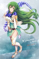 Rule 34 | 1girl, alternate costume, armor, arms up, b pearlwhite, boots, dress, erinys (fire emblem), fire emblem, fire emblem: genealogy of the holy war, fire emblem heroes, full body, gloves, green eyes, green hair, long hair, looking at viewer, nintendo, scarf, simple background, snow, snowing, solo, thigh boots, thighhighs, very long hair