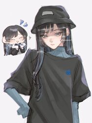 Rule 34 | 1girl, ado (utaite), aegyo sal, black bow, black bowtie, black coat, black hair, black headwear, black shirt, blue eyes, blue hair, blue sweater, bow, bowtie, bucket hat, chando (ado), chibi, closed eyes, closed mouth, cloud nine inc, coat, colored inner hair, commentary request, earclip, earrings, flower brooch, gloves, hand on own hip, hat, highres, jewelry, long hair, long sleeves, mole, mole under eye, multicolored hair, multiple views, shirt, signature, simple background, sweater, twitter username, two-tone hair, utaite, white background, white gloves, yurosuke