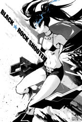 Rule 34 | 1girl, artist name, bikini, bikini top only, black rock shooter, black rock shooter (character), blue eyes, boots, breasts, character name, cleavage, closed mouth, collarbone, copyright name, flaming eye, floating hair, frown, groin, hair between eyes, highres, knee boots, limited palette, long hair, navel, profile, shorts, small breasts, solo, swimsuit, sx73, twintails, very long hair, white shorts