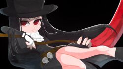 Rule 34 | 1other, androgynous, black background, black hair, fingerless gloves, gloves, guilty gear, guilty gear strive, hat, lips, long hair, looking to the side, nail polish, parted lips, red eyes, scythe, testament (guilty gear), top hat, zettonamo888