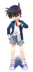 Rule 34 | 1boy, adjusting clothes, adjusting tie, bad id, bad pixiv id, belt, black hair, blue eyes, bow, bowtie, brown hair, child, clothes, edogawa conan, formal, glasses, hand on own hip, highres, hip focus, male focus, meitantei conan, open mouth, school uniform, short hair, shorts, solo, suit, toujou sakana, traditional bowtie, watch, wristwatch