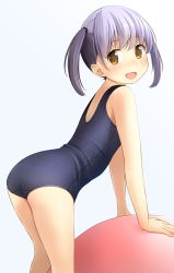 Rule 34 | 1girl, :d, ass, bare arms, bare shoulders, black one-piece swimsuit, blush, brown eyes, commentary request, from side, gradient background, grey background, highres, leaning forward, looking at viewer, looking to the side, old school swimsuit, one-piece swimsuit, open mouth, original, purple hair, school swimsuit, shibacha, simple background, smile, solo, swimsuit, twintails, white background