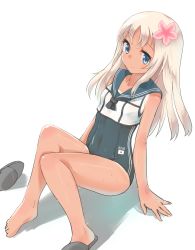 Rule 34 | 10s, 1girl, arm support, blonde hair, blue eyes, blue one-piece swimsuit, covered navel, crop top, flower, flower on head, from above, full body, haru (renol), hibiscus, highres, japanese flag, kantai collection, light smile, long hair, looking at viewer, one-piece swimsuit, ro-500 (kancolle), sailor collar, sandals, school swimsuit, school uniform, serafuku, simple background, single shoe, sitting, smile, solo, swimsuit, swimsuit under clothes, tan, tanline, thighs, wet, white background
