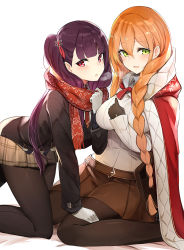 Rule 34 | 2girls, :d, :o, arm support, belt, bent over, black gloves, black jacket, black legwear, blazer, blunt bangs, blush, braid, breasts, breath, brown skirt, cloak, commentary request, enpera, girls&#039; frontline, gloves, green eyes, hair between eyes, hand up, jacket, kneeling, large breasts, long hair, long sleeves, looking at viewer, luse maonang, miniskirt, multiple girls, necktie, official alternate costume, one side up, open mouth, orange hair, pantyhose, parted lips, plaid, plaid skirt, pleated skirt, purple hair, red eyes, red neckwear, red ribbon, red scarf, ribbed sweater, ribbon, scarf, sidelocks, simple background, single braid, sitting, skirt, sleeves past wrists, smile, springfield (girls&#039; frontline), springfield (o holy night) (girls&#039; frontline), sweater, turtleneck, turtleneck sweater, wa2000 (date in the snow) (girls&#039; frontline), wa2000 (girls&#039; frontline), wariza, white background, white gloves