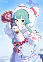 Rule 34 | 1girl, absurdres, animal hood, bear hood, blue archive, blush, bow, closed mouth, coat, fur-trimmed hood, fur trim, green eyes, green hair, halo, highres, holding, holding rocket launcher, holding weapon, hood, hood up, long hair, long sleeves, looking at viewer, momiji (blue archive), outdoors, pink bow, pom pom (clothes), red bow, rocket launcher, signature, sky, solo, syakunetuu, very long hair, weapon, white hood