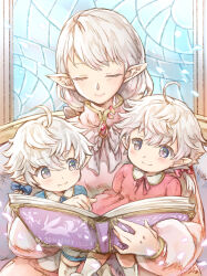 Rule 34 | 1boy, 2girls, aged down, ahoge, alisaie leveilleur, alphinaud leveilleur, ameliance leveilleur, blue eyes, blue shirt, book, closed eyes, closed mouth, dress, eyebrows hidden by hair, family, feet out of frame, final fantasy, final fantasy xiv, gem, hair between eyes, hair ribbon, highres, holding, holding book, long hair, mother and daughter, mother and son, multiple girls, on lap, pink dress, pointy ears, ribbon, shirt, sitting, smile, stained glass, turtleneck dress, upper body, white hair, yue limsa