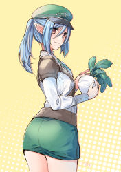 Rule 34 | 1girl, armor, ass, blue hair, brown eyes, closed mouth, cowboy shot, food, from behind, green hat, green skirt, hair between eyes, hat, highres, holding, holding food, holding vegetable, long hair, long sleeves, looking back, miniskirt, pointy ears, ponytail, rune factory, rune factory 5, scarlett (rune factory), shirt, shoulder armor, sidelocks, skirt, tinkle2013, turnip, vegetable, white shirt, yellow background
