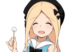 Rule 34 | 1girl, :d, ^ ^, abigail williams (animejapan 2018) (fate), abigail williams (fate), beret, black bow, black hat, blonde hair, blue dress, blush, bow, closed eyes, collarbone, commentary request, dress, facing viewer, fate/grand order, fate (series), forehead, hair bow, hat, highres, holding, long hair, mimikaki, mitiru ccc2, official alternate costume, open mouth, parted bangs, portrait, simple background, sleeveless, sleeveless dress, smile, solo, very long hair, white background
