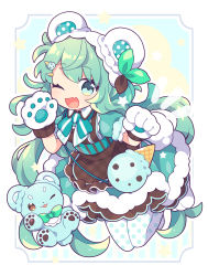 Rule 34 | 1girl, :d, animal ears, animal hands, apron, bear, bear ears, blush, bow, bowtie, collared dress, dress, fake animal ears, fang, food, food-themed bag, food-themed clothes, food-themed hair ornament, fur trim, gloves, green eyes, green hair, hair ornament, hairclip, ice cream, ice cream hair ornament, jumping, koguma105, layered dress, leaf, leaf on head, long hair, looking at viewer, low twintails, mint, mint chocolate, mint chocolate chip, one eye closed, open mouth, original, paw gloves, paw shoes, polka dot, polka dot legwear, short sleeves, skin fang, smile, solo, twintails, very long hair