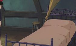 Rule 34 | 1girl, animated, animated gif, bed, bedroom, black hair, bow, broom, flats, kiki (majo no takkyuubin), lowres, lying, majo no takkyuubin, official art, on bed, on stomach, robe, screencap, shoes, short hair, stool, tagme, tired, walking, witch