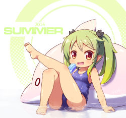 Rule 34 | 1girl, barefoot, cameltoe, fang, green hair, inflatable dolphin, inflatable toy, langbazi, leaning back, leg up, long hair, one-piece swimsuit, open mouth, original, partially submerged, pointy ears, popsicle, red eyes, school swimsuit, sitting, smile, solo, swimsuit, twintails, water