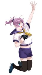 Rule 34 | 1girl, absurdres, aoba (kancolle), arm up, black thighhighs, blue eyes, blue scrunchie, camera, commentary request, full body, highres, holding, holding camera, kantai collection, ojipon, open mouth, ponytail, purple hair, school uniform, scrunchie, serafuku, shoes, short sleeves, shorts, sneakers, solo, thighhighs, white background