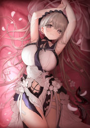 Rule 34 | armpits, azur lane, bed sheet, black footwear, blush, breasts, brown eyes, brown hair, closed mouth, clothing cutout, detached sleeves, dress, flower, formidable (azur lane), formidable (timeless classics) (azur lane), frown, high heels, highres, large breasts, long hair, long sleeves, looking at viewer, lying, navel, navel cutout, official alternate costume, on back, on bed, petals, shoes, unworn shoes, solaris (sinhyg), solo, thigh strap, thighs, veil, very long hair, white dress, white flower