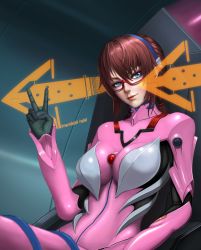 Rule 34 | 1girl, artist name, black gloves, blue eyes, bodysuit, breasts, brown hair, character name, cockpit, cowboy shot, female focus, from side, glasses, gloves, hair between eyes, hair tie, hairband, head tilt, highres, impossible bodysuit, impossible clothes, large breasts, limgae, long hair, looking at viewer, low twintails, makinami mari illustrious, neon genesis evangelion, parted lips, plugsuit, realistic, rebuild of evangelion, red-framed eyewear, shiny clothes, sidelocks, sitting, smile, solo, turtleneck, twintails, v