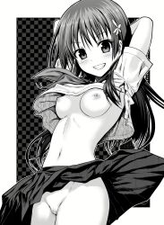 1girl 40010prototype absurdres armpit_peek armpits arms_behind_head breasts censored clothes_lift flower grin hair_flower hair_ornament highres long_hair looking_at_viewer medium_breasts monochrome navel nipples no_bra no_panties pussy saten_ruiko school_uniform skirt skirt_lift smile solo toaru_kagaku_no_railgun toaru_majutsu_no_index