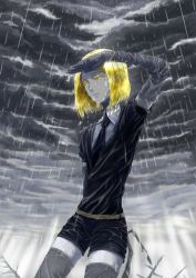 Rule 34 | 1other, absurdres, androgynous, belt, black neckwear, blonde hair, cloud, cloudy sky, colored eyelashes, commentary request, crystal hair, elbow gloves, gem uniform (houseki no kuni), gloves, highres, houseki no kuni, necktie, rain, shirt, short hair, short sleeves, shorts, shumanomalos, sky, sparkle, thighhighs, wet, wet clothes, yellow diamond (houseki no kuni), yellow eyes