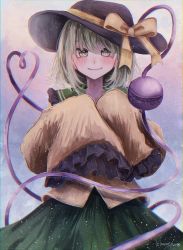 Rule 34 | 1girl, absurdres, annin cha, black hat, blouse, blush, bow, closed mouth, commentary, cowboy shot, eyebrows hidden by hair, frilled shirt collar, frilled sleeves, frills, green eyes, green hair, green skirt, hands up, hat, hat bow, heart, heart of string, highres, komeiji koishi, long sleeves, looking at viewer, medium hair, shirt, signature, skirt, sleeves past fingers, sleeves past wrists, smile, third eye, touhou, wide sleeves, yellow bow, yellow shirt