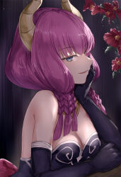 Rule 34 | 1girl, asle, aura (sousou no frieren), bare shoulders, black gloves, blue eyes, braid, breasts, cleavage, demon girl, demon horns, elbow gloves, flower, gloves, gold necklace, head rest, highres, horns, jewelry, long hair, looking at viewer, looking to the side, low-braided long hair, low-tied long hair, medium breasts, multiple braids, necklace, pink hair, red flower, simple background, smile, solo, sousou no frieren, twin braids, upper body