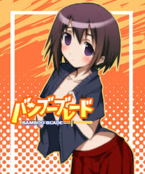 Rule 34 | 00s, 1girl, bamboo blade, blush, breasts, censored, censored by text, cleavage, convenient censoring, kawazoe tamaki, looking at viewer, no bra, open clothes, orange background, pleated skirt, purple eyes, purple hair, red skirt, short hair, short sleeves, simple background, skirt, small breasts, solo, text focus, undressing