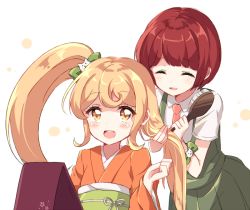 10s 2girls bad_id bad_pixiv_id blonde_hair blush bow brush danganronpa_(series) danganronpa_2:_goodbye_despair closed_eyes freckles japanese_clothes kobeni koizumi_mahiru long_hair multiple_girls red_hair saionji_hiyoko short_hair smile twintails yellow_eyes