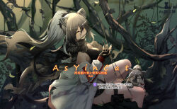 Rule 34 | 1girl, animal ears, arknights, as yinshimao, bare shoulders, breasts, cat ears, commentary request, feet out of frame, grey hair, jacket, long hair, looking at viewer, medium breasts, off shoulder, schwarz (arknights), sitting, solo, thighs, very long hair, white jacket, yellow eyes