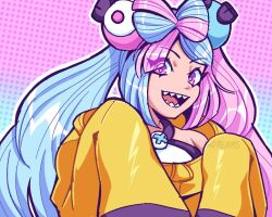 Rule 34 | 1girl, blue hair, character hair ornament, creatures (company), game freak, hair ornament, iono (pokemon), jacket, looking at viewer, multicolored hair, ne0n, nintendo, open mouth, oversized clothes, pink eyes, pink hair, pokemon, pokemon sv, sharp teeth, sleeves past fingers, sleeves past wrists, teeth, twitter username, two-tone background, two-tone hair, upper body, yellow jacket
