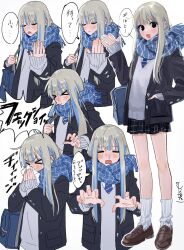 Rule 34 | &gt; &lt;, 1girl, bag, black eyes, black skirt, blonde hair, blowing nose, blue background, blue hair, blue necktie, blue scarf, blush, brown footwear, buttoned cuffs, buttons, closed eyes, commentary, ear piercing, enpera, full body, grey jacket, grey sweater, gyaru, hamafugu, hand in pocket, hand up, handkerchief, highres, holding handkerchief, holding strap, jacket, kogal, loafers, long hair, long sleeves, looking at viewer, loose socks, miniskirt, multicolored hair, multiple views, necktie, open clothes, open jacket, open mouth, original, piercing, plaid, plaid scarf, plaid skirt, pleated skirt, ribbed socks, scarf, school bag, school uniform, shoes, signature, simple background, skirt, sleeves past wrists, sneezing, snot, socks, speech bubble, standing, straight hair, streaked hair, striped necktie, sweater, translation request, upper body, v-neck, white background, white socks