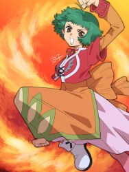 Rule 34 | 1girl, brown eyes, choker, clenched hands, dress, farah oersted, fire, green hair, highres, looking at viewer, open mouth, orange dress, red choker, shirako (kirupi), short hair, solo, tales of (series), tales of eternia