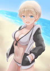 Rule 34 | 1girl, :d, beach, bikini, blonde hair, blue eyes, brave witches, breasts, commentary request, hands in pockets, highres, jacket, jacket over swimsuit, large breasts, looking at viewer, lowlegist, navel, nikka edvardine katajainen, open mouth, smile, solo, swimsuit, white bikini, world witches series