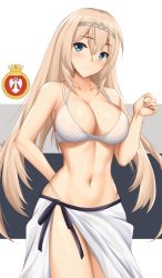 Rule 34 | 1girl, arcie albano, bare arms, bare legs, bare shoulders, bikini, blonde hair, blue eyes, blush, breasts, cleavage, collarbone, cowboy shot, hair between eyes, highres, kantai collection, large breasts, long hair, mixed-language commentary, navel, open mouth, sarong, signature, simple background, solo, swimsuit, victorious (kancolle), white background, white bikini, white sarong