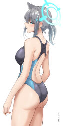 Rule 34 | 1girl, absurdres, animal ears, ass, back cutout, bare arms, bare shoulders, blue archive, blue eyes, breasts, cat ears, clothing cutout, commentary, competition swimsuit, cowboy shot, cross hair ornament, grey hair, hair ornament, highres, large breasts, one-piece swimsuit, parted lips, pinepin, ponytail, racerback, shiroko (blue archive), short hair, sidelocks, simple background, solo, standing, swimsuit, thighs, wedgie, white background