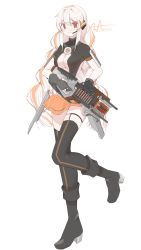 Rule 34 | absurdres, apex legends, black footwear, black gloves, black leotard, black thighhighs, boots, braid, center opening, charge rifle, chinese commentary, energy gun, gloves, gun, headset, highres, holding, holding gun, holding weapon, leotard, long hair, multicolored hair, open mouth, orange hair, orange skirt, personification, qiu ri, red eyes, skirt, smile, streaked hair, thighhighs, trigger discipline, twin braids, very long hair, weapon, white background, white hair