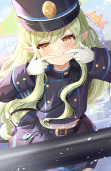 Rule 34 | 1girl, absurdres, armband, belt, black belt, black hat, black jacket, black skirt, blue archive, blue armband, clenched teeth, commentary request, earrings, flasher (flasher ura), gloves, green hair, green halo, halo, hat, highres, hikari (blue archive), jacket, jewelry, long hair, long sleeves, looking at viewer, pointy ears, sidelocks, skirt, smile, solo, teeth, white gloves, yellow eyes
