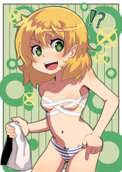 Rule 34 | !, !?, 1girl, ?, armpits, bad id, bad pixiv id, blonde hair, breasts, fangs, female focus, green eyes, kourin (pixiv), kourinnsama, mizuhashi parsee, navel, panties, pointy ears, sarashi, short hair, small breasts, solo, striped clothes, striped panties, touhou, towel, underwear, underwear only