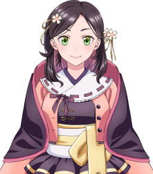 Rule 34 | 1girl, brown hair, closed mouth, colored inner hair, flower, green eyes, hair flower, hair ornament, highres, ishii hisao, japanese clothes, kimono, looking at viewer, medium hair, multicolored hair, obi, original, pink hair, sash, simple background, smile, solo, white background